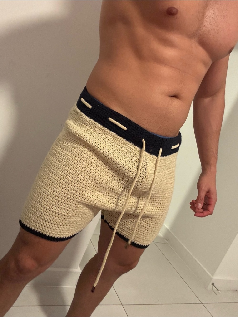 Knit Drawstring Shorts in Cream with Navy Trim